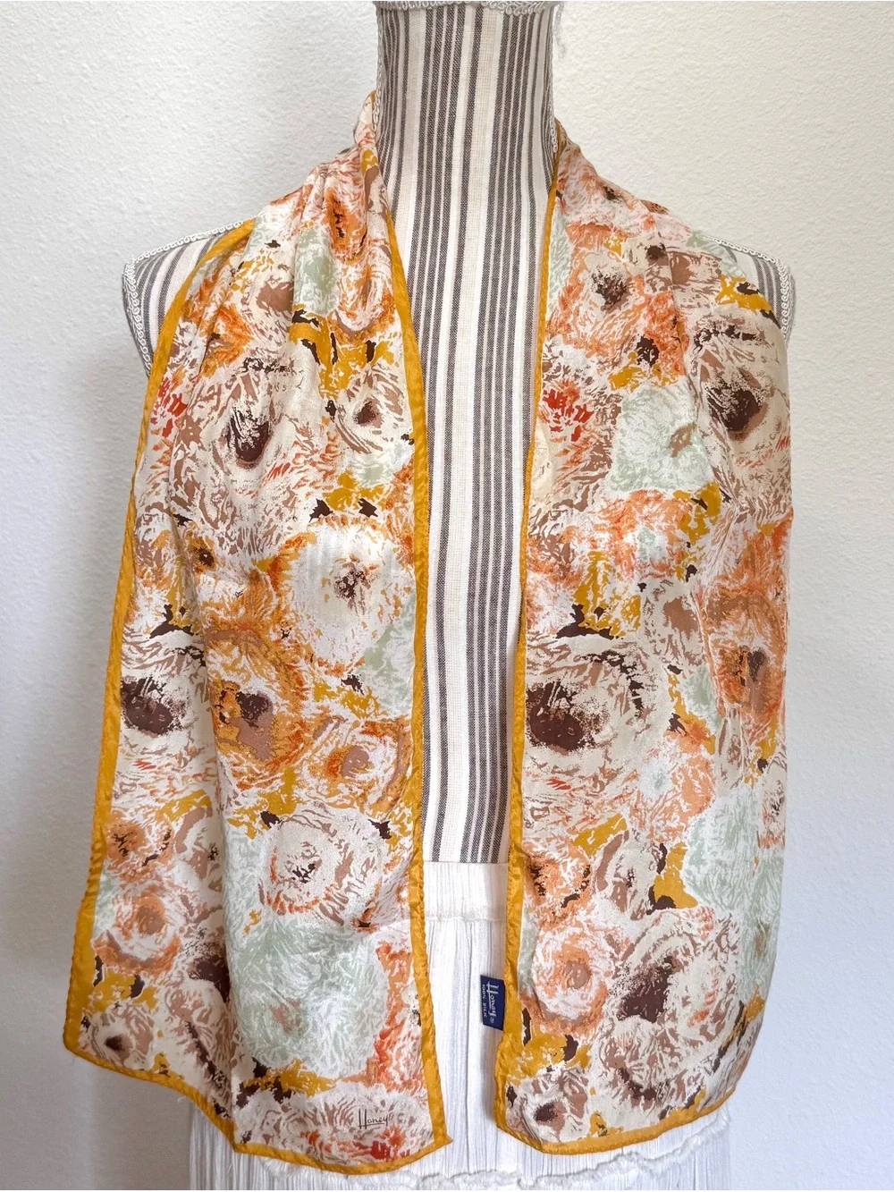 Vintage Honey 100% Silk Abstract Scarf Japan Oblong Neck Scarf Y2K Art Teacher
